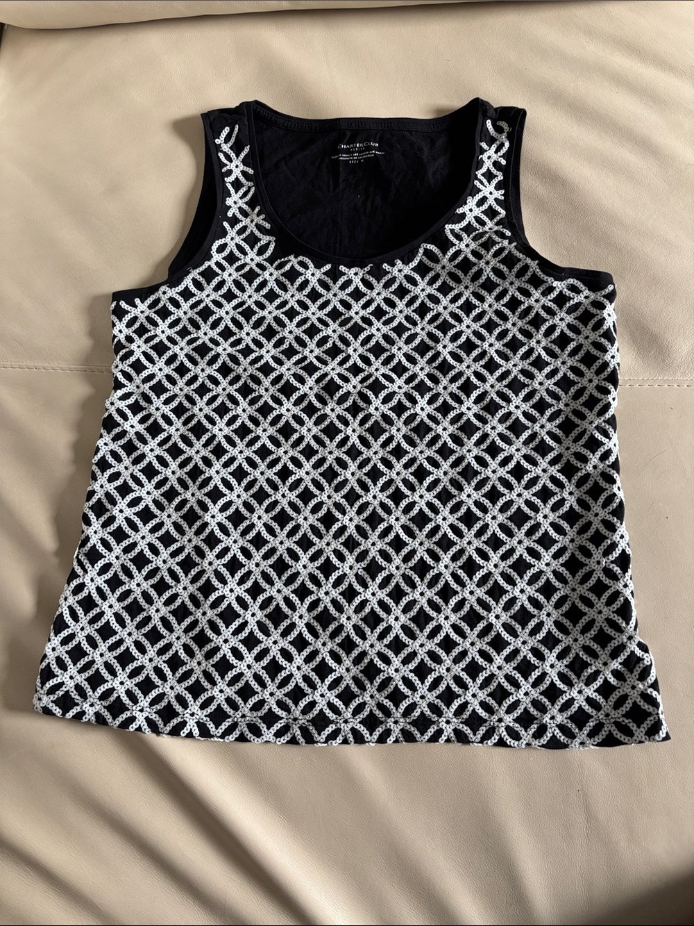 Chico's Black Tank Top with White Lattice Embroidery